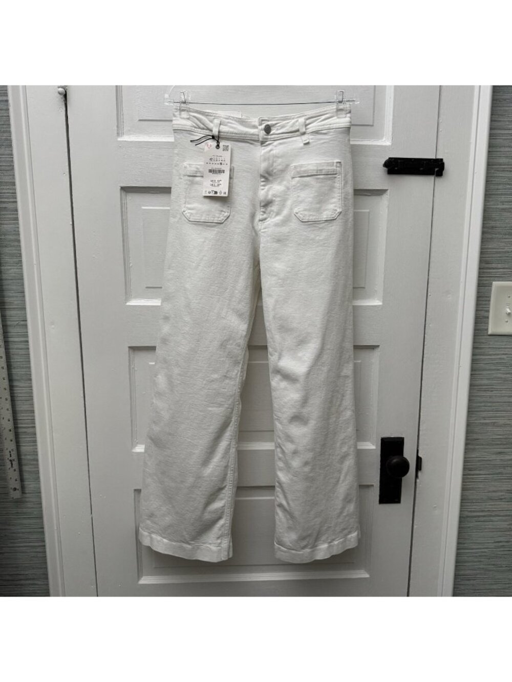 Zara ZW Patch Pocket Wide Leg Jeans Women 10 White High Rise Ankle